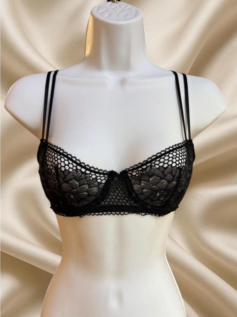Adore Me Black Lace Mesh Balconette Bra with Double Straps
